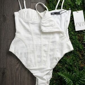 NWT Zara White Ruched Bust Corset Bodysuit - Size XS